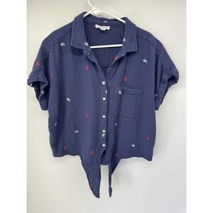 Beachlunchlounge Button Up Shirt Womens Large Blue Star Embroidered Tie Cropped